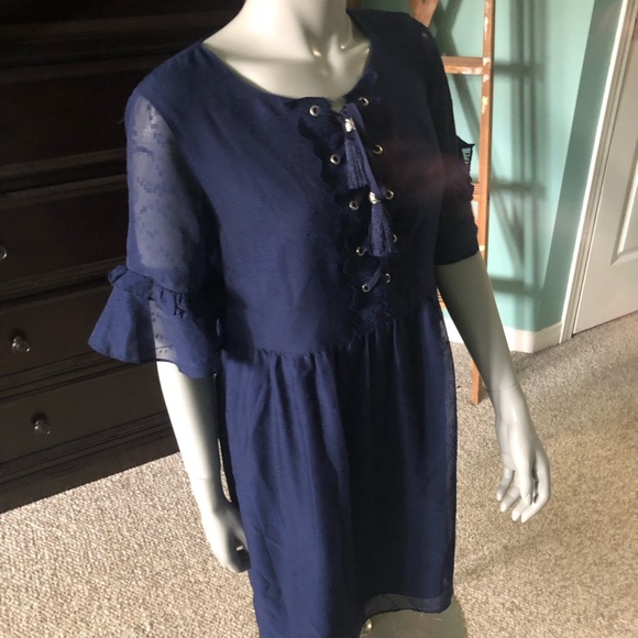 Laundry by Shelly Segal navy dress with tie neckline and shear sleeves - Picture 11 of 12